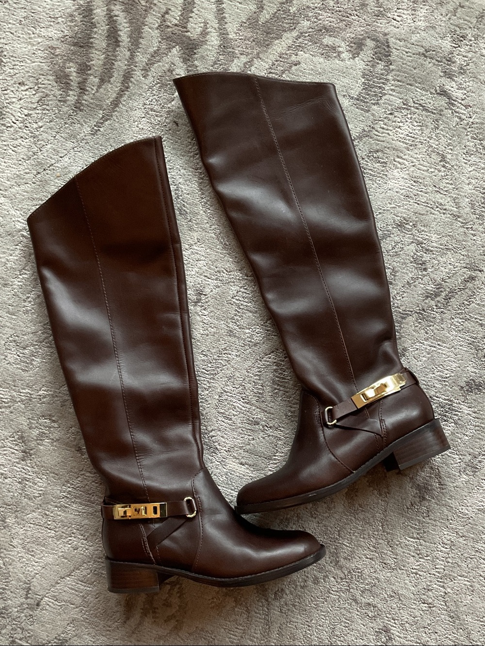 French Connection Dark Brown Over-the-Knee Riding Boots with Gold Buckle